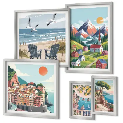 Set slika iznad kauča s motivom retro planinskih i morskih krajolika set slika s motivom retro planinskih i morskih krajolika