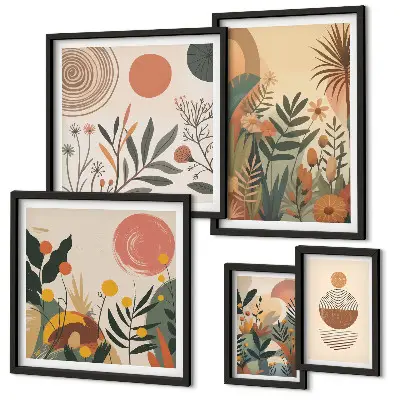 Apstraktni boho biljni motivi set 5 slika u okviru