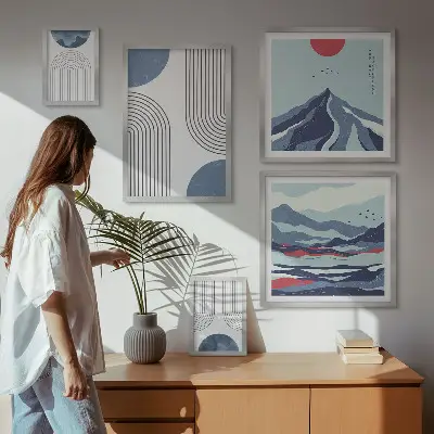 Geometrija apstraktnih pejzaža set slika iznad kauča