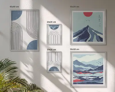 Geometrija apstraktnih pejzaža set slika iznad kauča