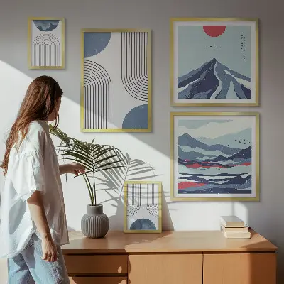 Geometrija apstraktnih pejzaža set slika iznad kauča