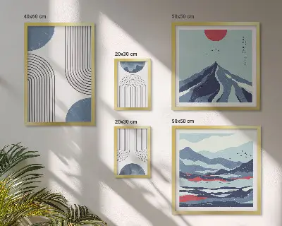 Geometrija apstraktnih pejzaža set slika iznad kauča