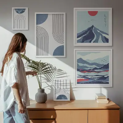 Geometrija apstraktnih pejzaža set slika iznad kauča