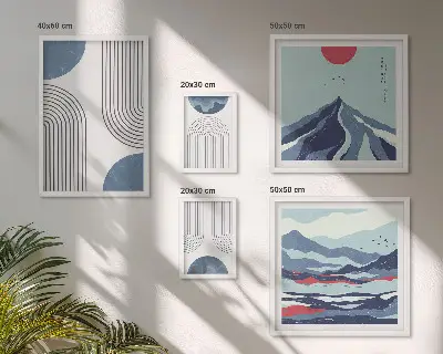 Geometrija apstraktnih pejzaža set slika iznad kauča
