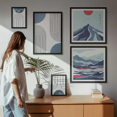 Geometrija apstraktnih pejzaža set slika iznad kauča