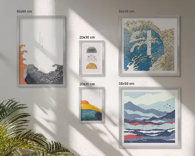 Set slika iznad kauča dekoracije u japanskom stilu s motivima valova i planina