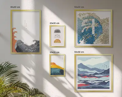 Set slika iznad kauča dekoracije u japanskom stilu s motivima valova i planina