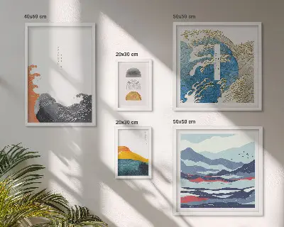Set slika iznad kauča dekoracije u japanskom stilu s motivima valova i planina
