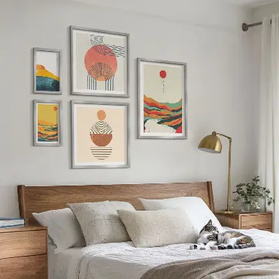 Apstraktni geometrijski pejzaži set od 5 slika u okviru