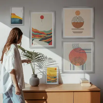 Apstraktni geometrijski pejzaži set od 5 slika u okviru
