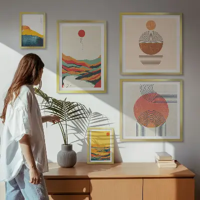 Apstraktni geometrijski pejzaži set od 5 slika u okviru
