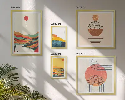 Apstraktni geometrijski pejzaži set od 5 slika u okviru