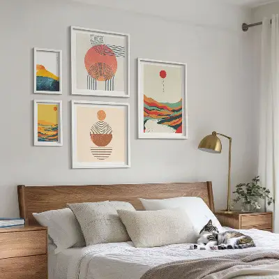 Apstraktni geometrijski pejzaži set od 5 slika u okviru