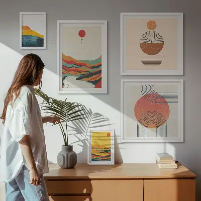 Apstraktni geometrijski pejzaži set od 5 slika u okviru
