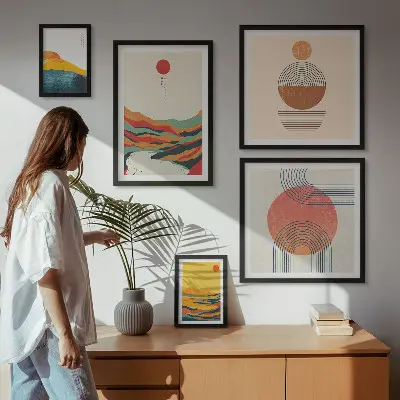 Apstraktni geometrijski pejzaži set od 5 slika u okviru