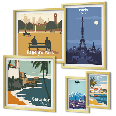 Set 5 slika u okviru Europski gradovi s retro ikonama