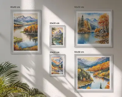Set od 5 slika u okviru jesensko drveće uz planinske rijeke