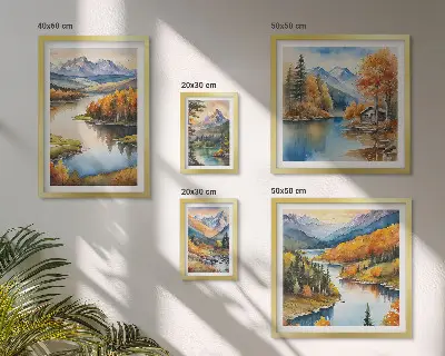 Set od 5 slika u okviru jesensko drveće uz planinske rijeke