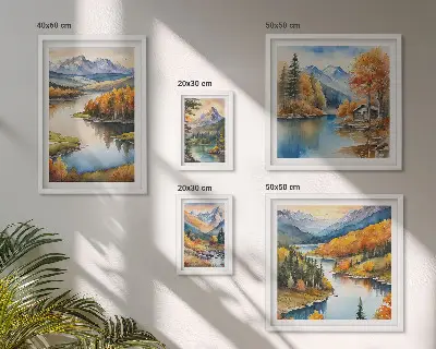 Set od 5 slika u okviru jesensko drveće uz planinske rijeke