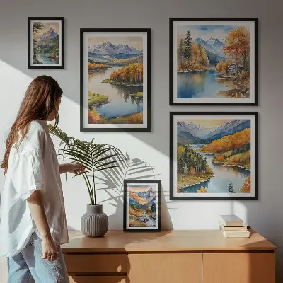 Set od 5 slika u okviru jesensko drveće uz planinske rijeke