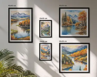 Set od 5 slika u okviru jesensko drveće uz planinske rijeke