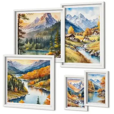 Set slika Planinski krajolici riječne doline iznad kauča
