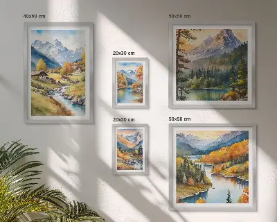 Set slika Planinski krajolici riječne doline iznad kauča