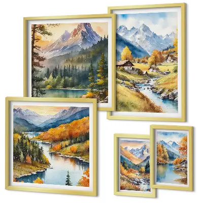 Set slika Planinski krajolici riječne doline iznad kauča