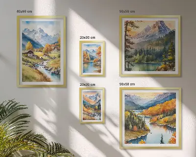 Set slika Planinski krajolici riječne doline iznad kauča