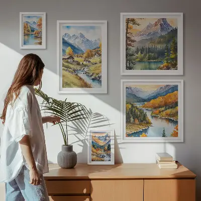 Set slika Planinski krajolici riječne doline iznad kauča
