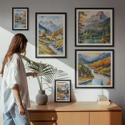Set slika Planinski krajolici riječne doline iznad kauča