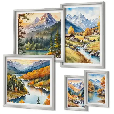 Set slika Planinski krajolici riječne doline iznad kauča