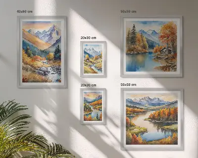 Poliptih u okviru jesenske planine s rijekama i kućama