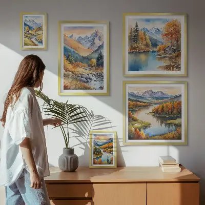 Poliptih u okviru jesenske planine s rijekama i kućama