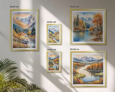 Poliptih u okviru jesenske planine s rijekama i kućama