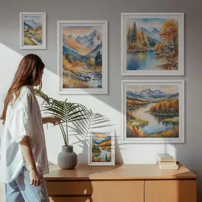 Poliptih u okviru jesenske planine s rijekama i kućama