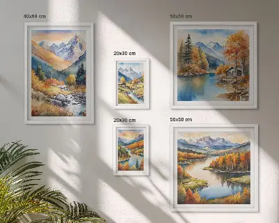 Poliptih u okviru jesenske planine s rijekama i kućama