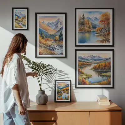 Poliptih u okviru jesenske planine s rijekama i kućama