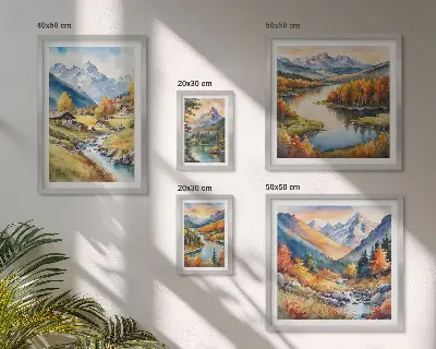 Set slika iznad kauča krajolici planina, rijeka i šuma