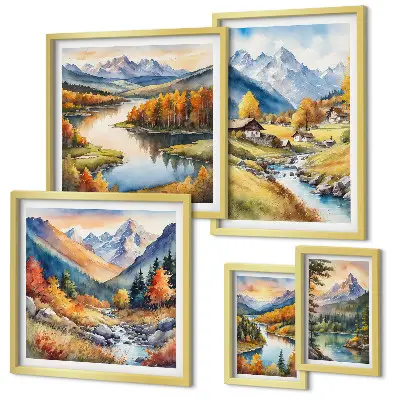 Set slika iznad kauča krajolici planina, rijeka i šuma