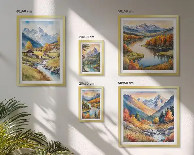 Set slika iznad kauča krajolici planina, rijeka i šuma