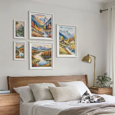 Set slika iznad kauča krajolici planina, rijeka i šuma