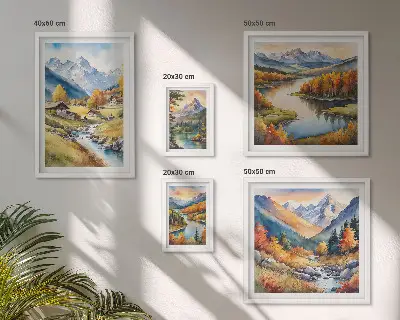 Set slika iznad kauča krajolici planina, rijeka i šuma