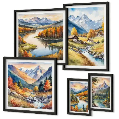 Set slika iznad kauča krajolici planina, rijeka i šuma