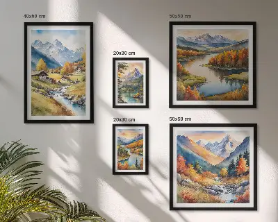 Set slika iznad kauča krajolici planina, rijeka i šuma