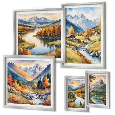 Set slika iznad kauča krajolici planina, rijeka i šuma