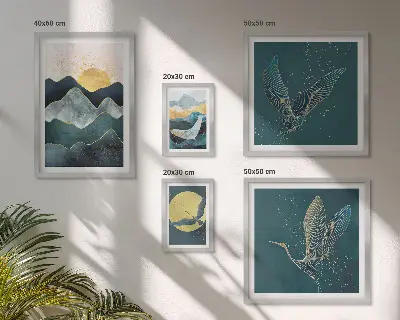 Set 5 slika u okviru elegantne planine, ptice i sunce