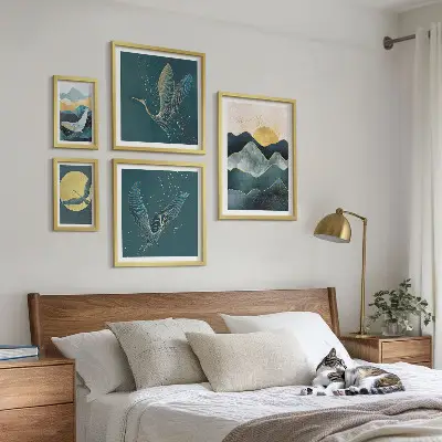 Set 5 slika u okviru elegantne planine, ptice i sunce