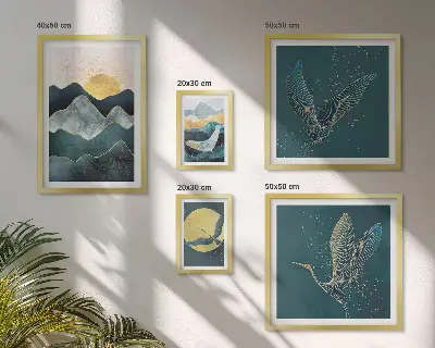Set 5 slika u okviru elegantne planine, ptice i sunce