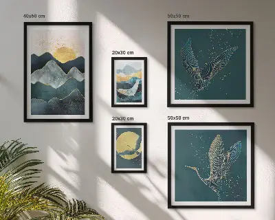Set 5 slika u okviru elegantne planine, ptice i sunce